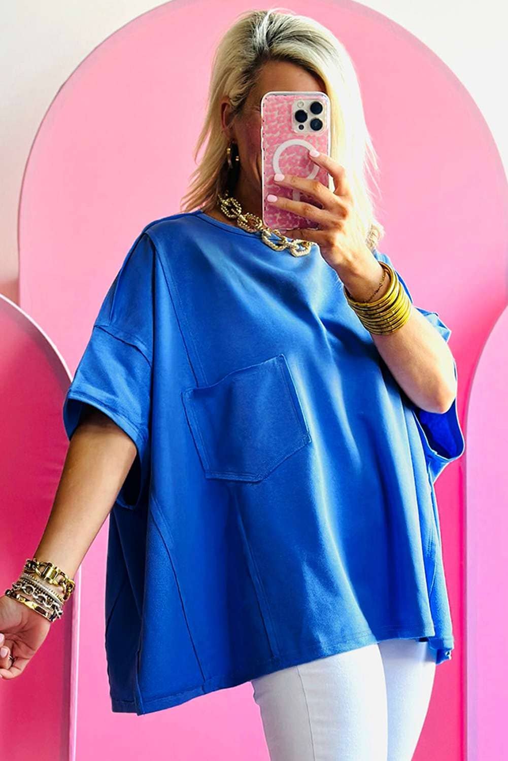 Blue Patched Pocket Exposed Seam Oversize T-Shirt
