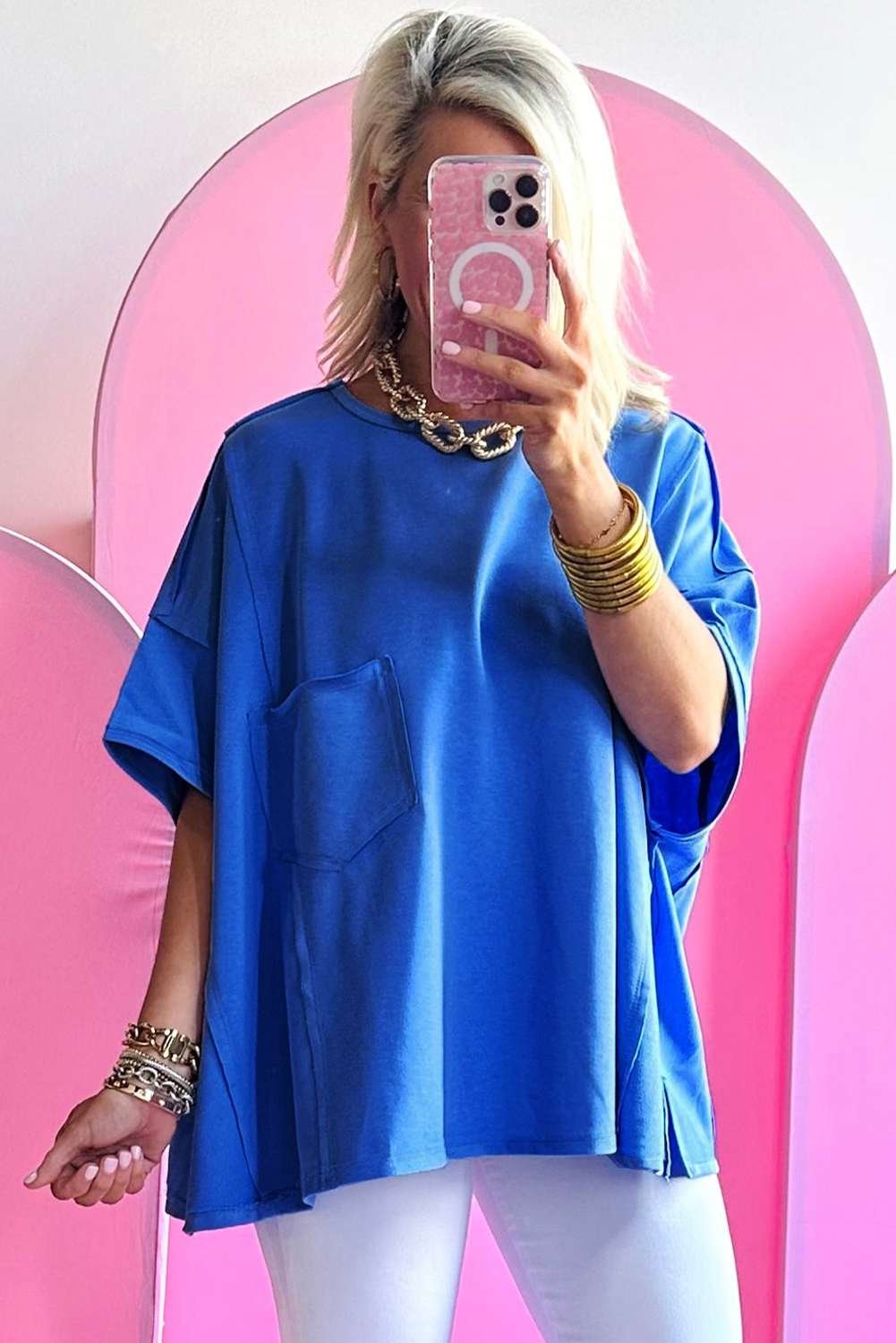 Blue Patched Pocket Exposed Seam Oversize T-Shirt