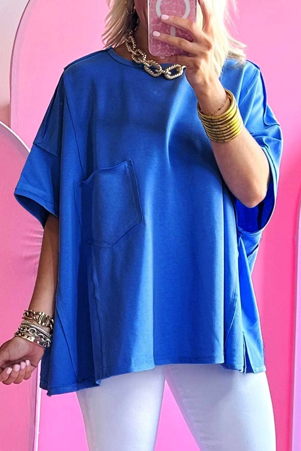 Blue Patched Pocket Exposed Seam Oversize T-Shirt