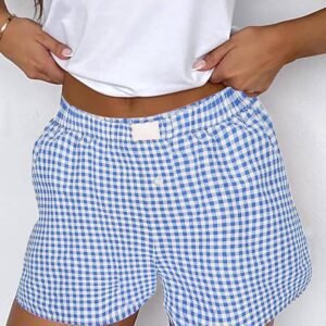 Blue Red Plaid Gingham Printed High Waist Shorts