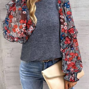 Blue Ruffle Tiered Floral Sleeve Crew Neck Blouse