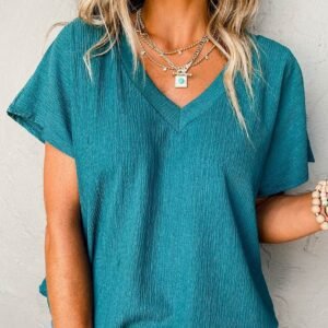 Blue Sapphire Crinkled V Neck Wide Sleeve T-Shirt