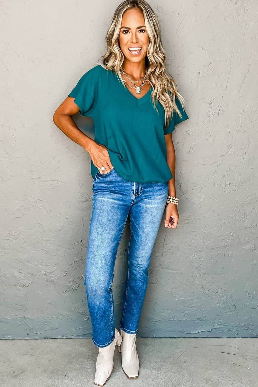 Blue Sapphire Crinkled V Neck Wide Sleeve T-Shirt