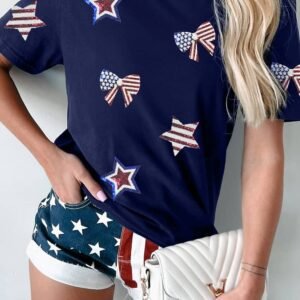 Blue Sequin Usa Flag Bow Star Graphic Crewneck T Shirt