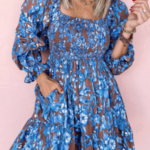 Blue Smocked Bodice High Waist Ruffled Sleeve Floral Dress