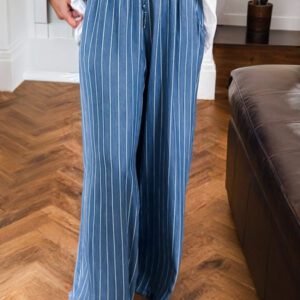 Blue Stripe Chambray Wide Leg Tied Elastic Waist Trousers