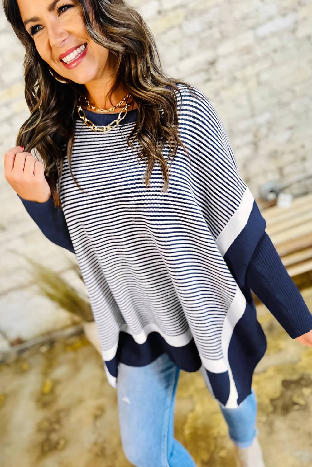 Blue Stripe Color Block Patchwork Dolman Oversize Tunic Sweater
