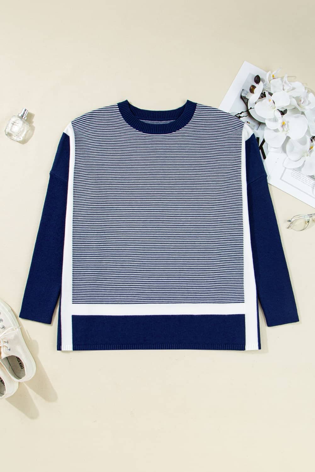 Blue Stripe Color Block Patchwork Dolman Oversize Tunic Sweater