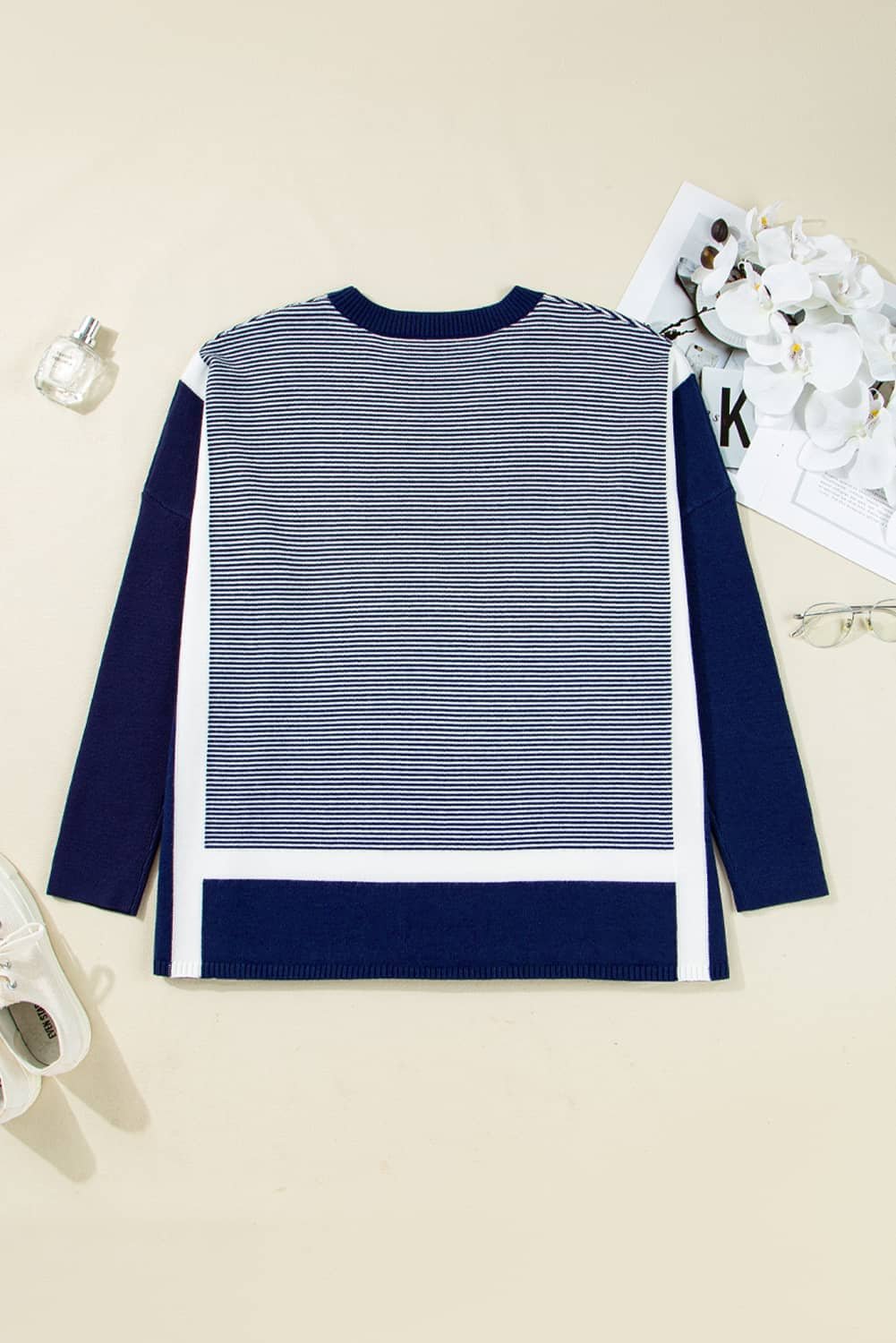 Blue Stripe Color Block Patchwork Dolman Oversize Tunic Sweater