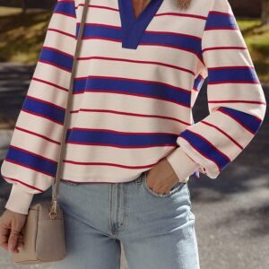 Blue Stripe Color Block Polo Pullover Sweatshirt