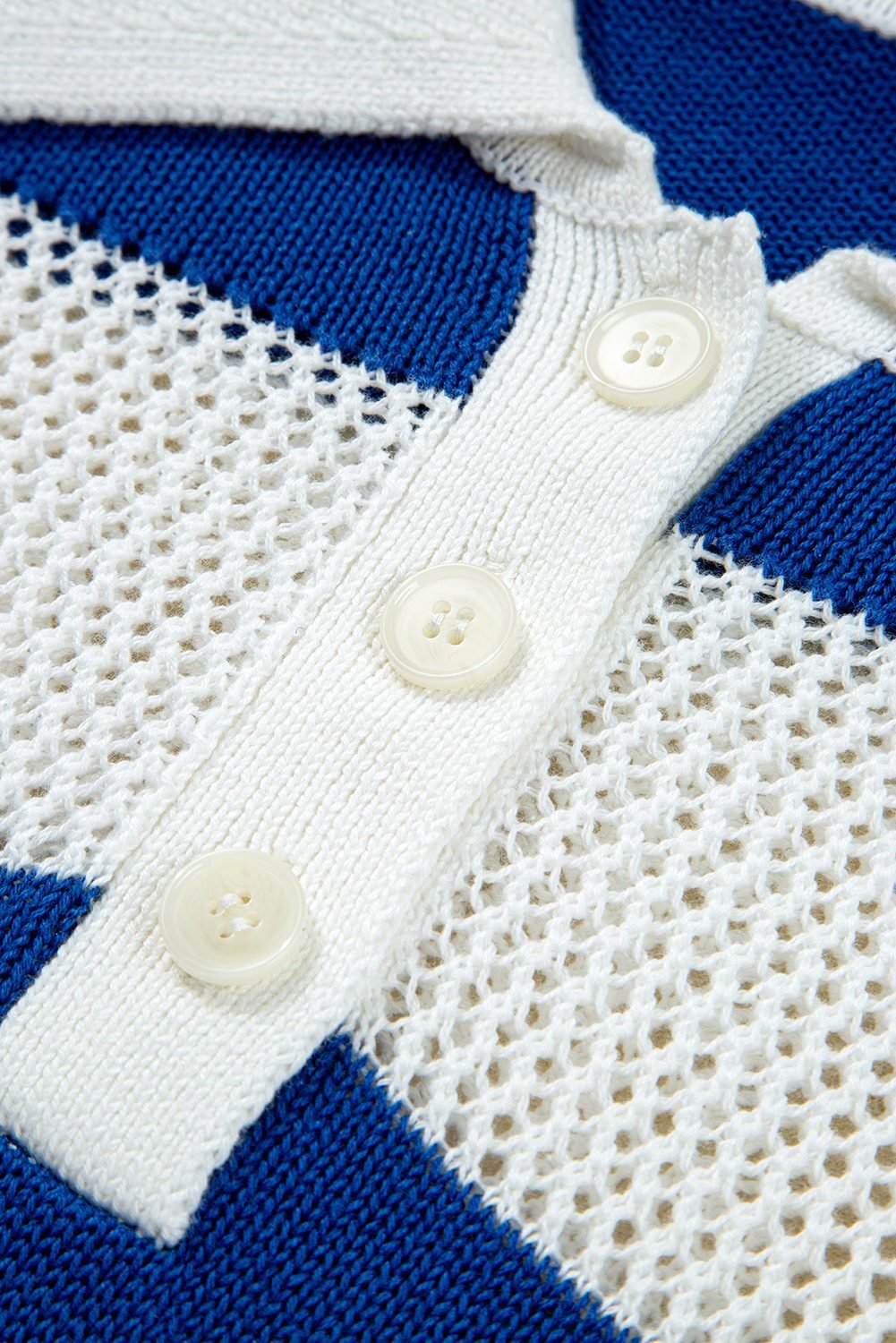 Blue Stripe Colorblock Polo Collar Eyelet Crochet Knitted Sweater