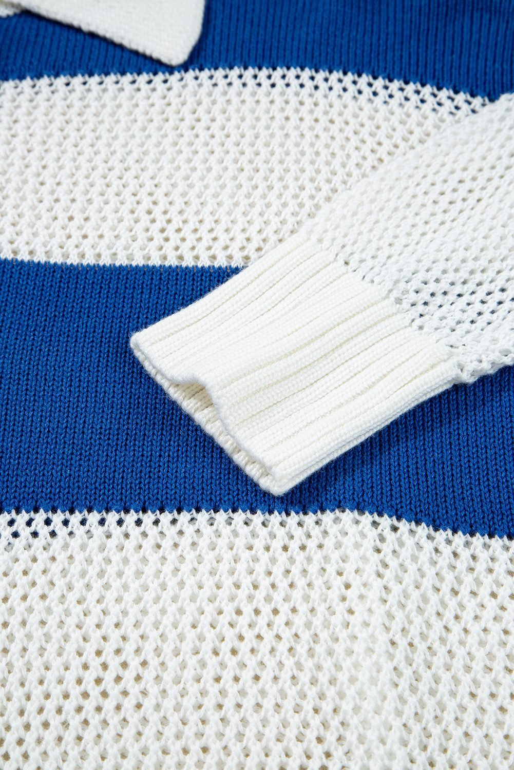 Blue Stripe Colorblock Polo Collar Eyelet Crochet Knitted Sweater