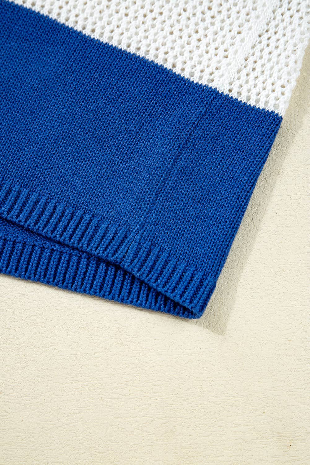 Blue Stripe Colorblock Polo Collar Eyelet Crochet Knitted Sweater