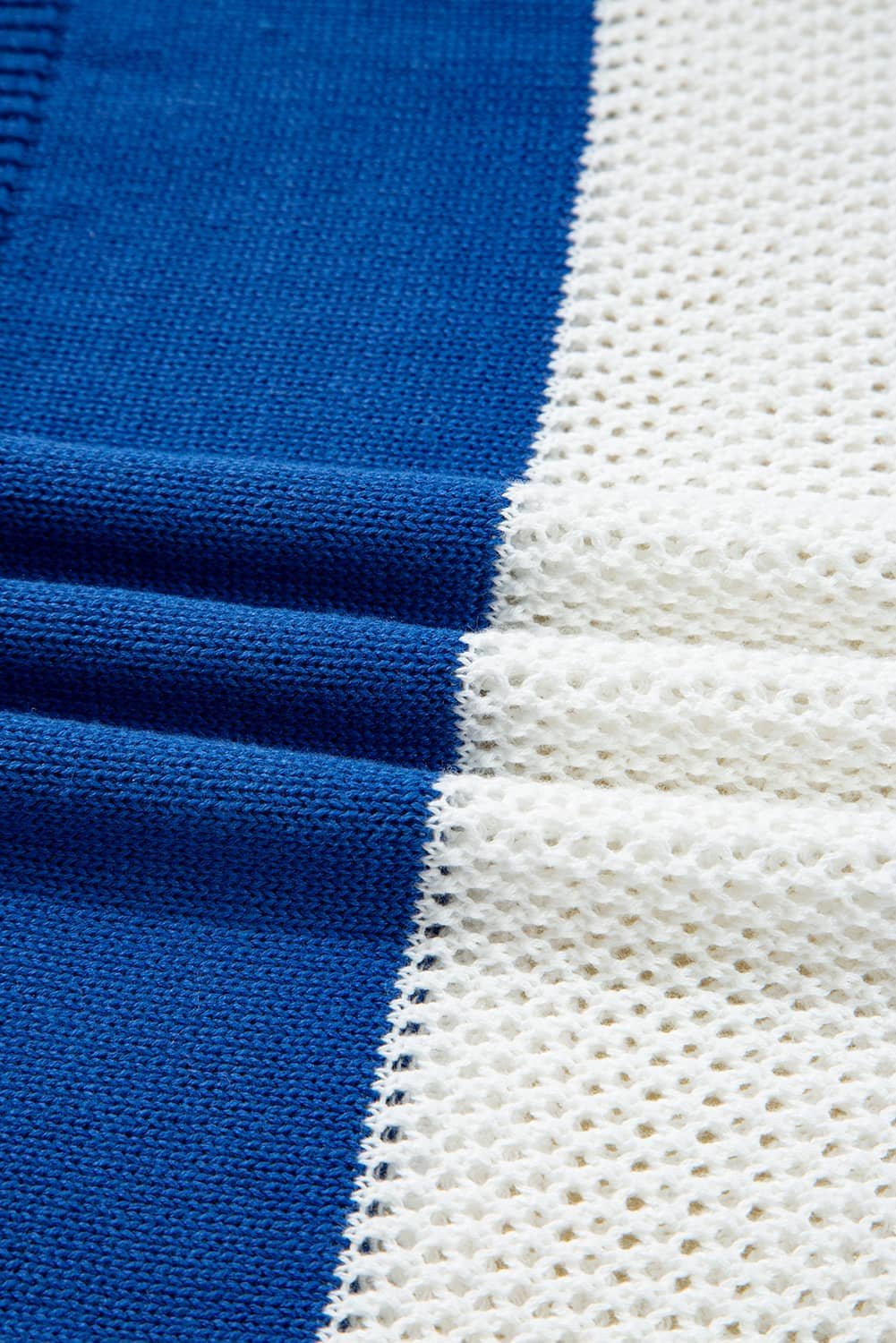 Blue Stripe Colorblock Polo Collar Eyelet Crochet Knitted Sweater