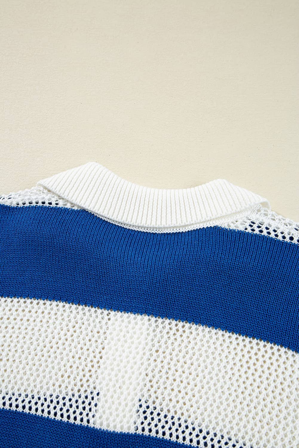Blue Stripe Colorblock Polo Collar Eyelet Crochet Knitted Sweater