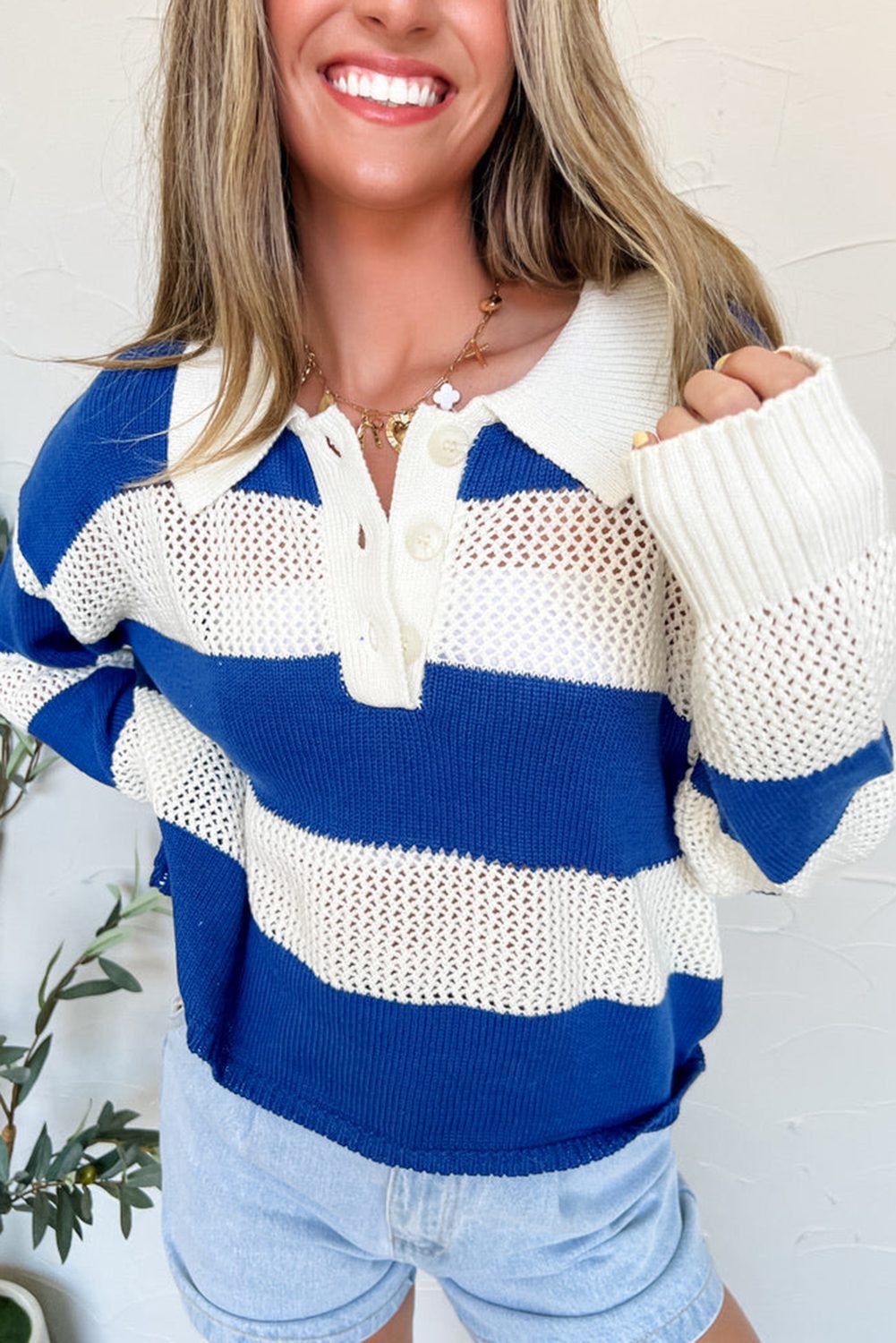 Blue Stripe Colorblock Polo Collar Eyelet Crochet Knitted Sweater