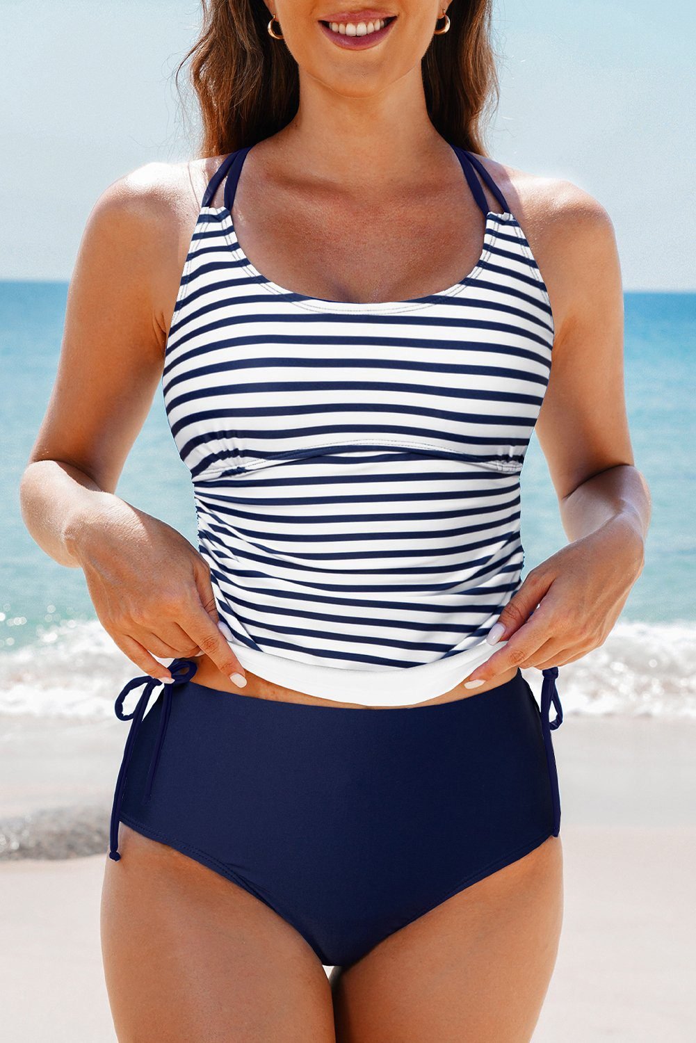 Blue Stripe Drawstring Tummy Control Mix-And-Match 2Pcs Tankini Swimsuit