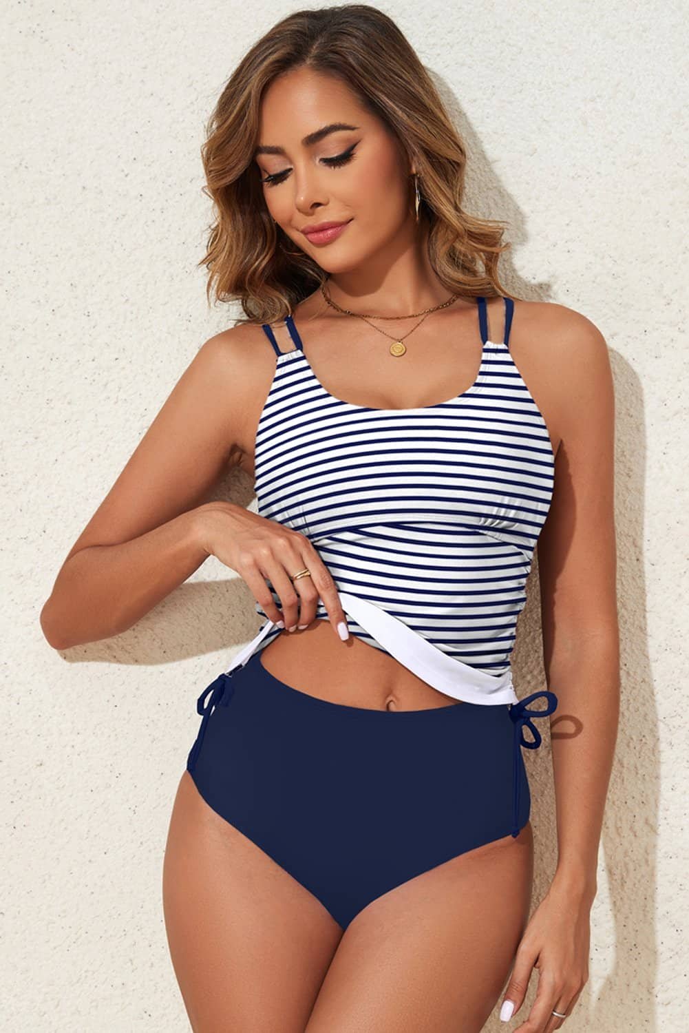 Blue Stripe Drawstring Tummy Control Mix-And-Match 2Pcs Tankini Swimsuit