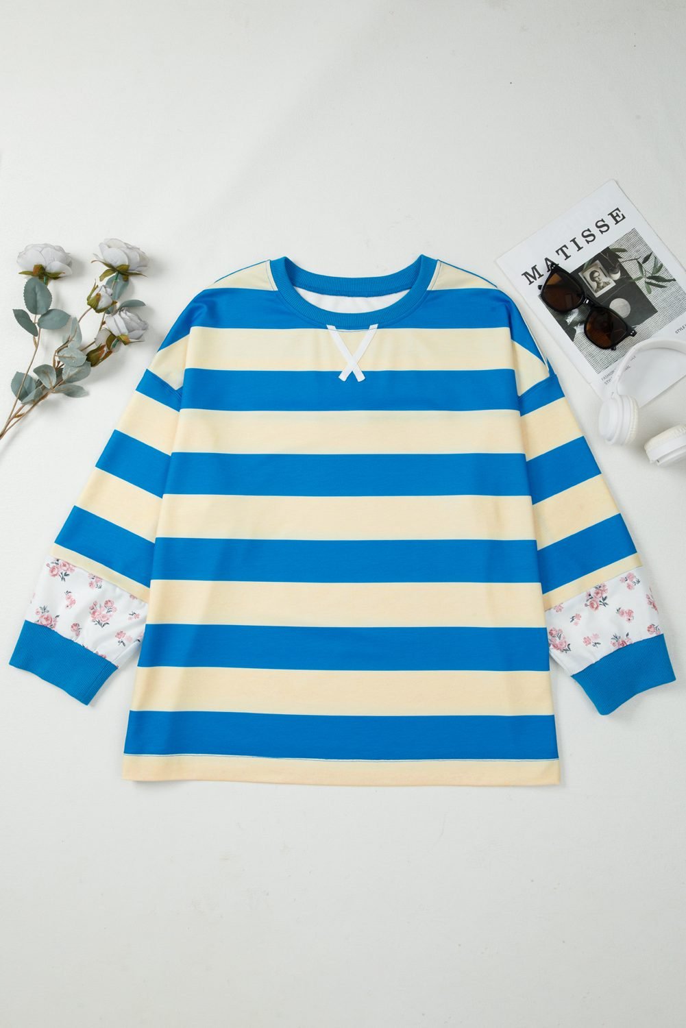 Blue Stripe Floral Color Block Drop Shoulder Plus Size Pullover Top