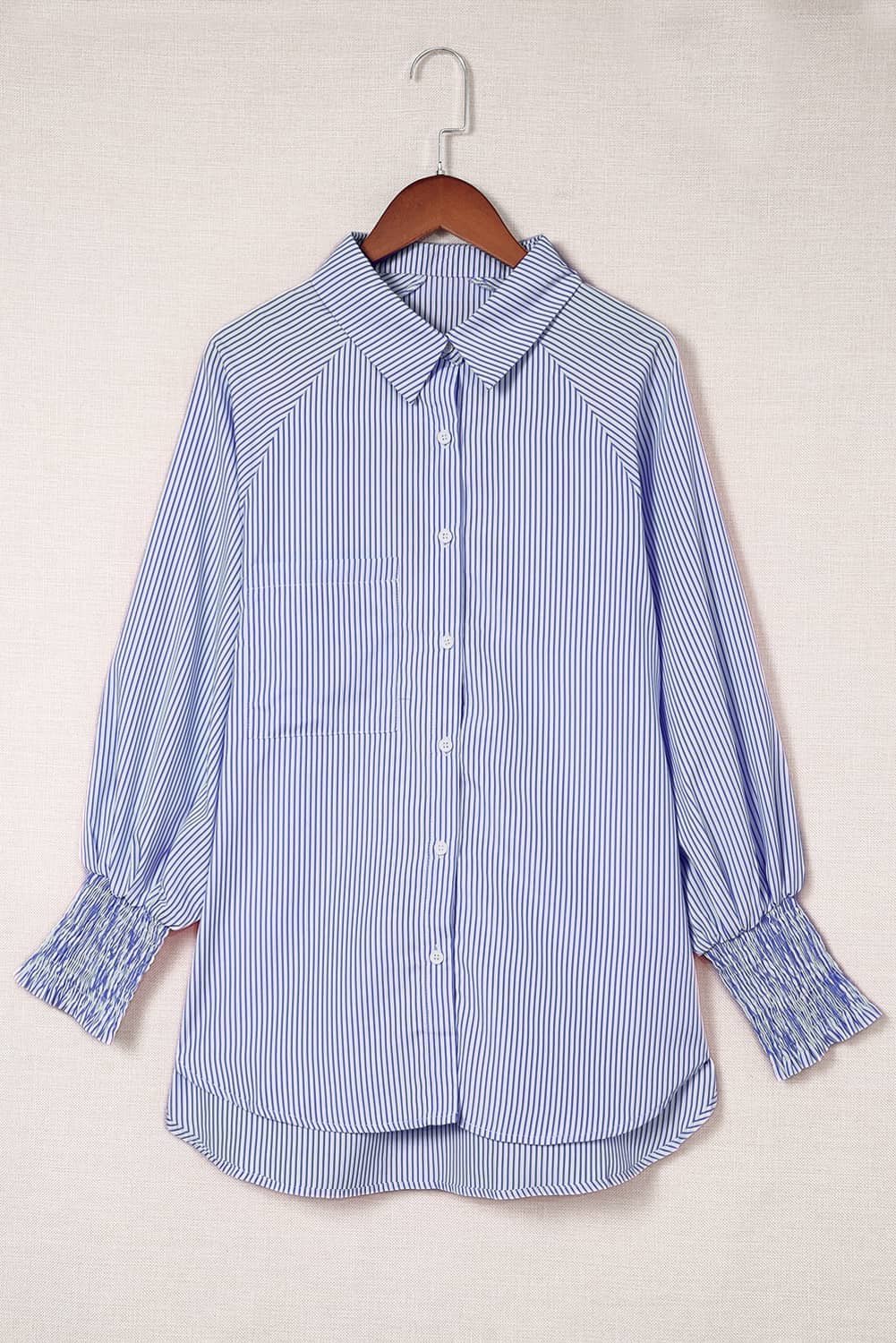 Blue Stripe Smocked Cuffed Striped Boyfriend Shirt With Pocket