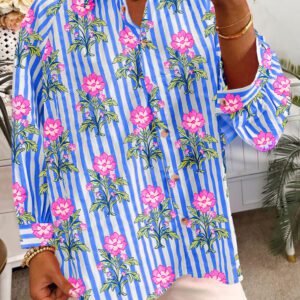 Blue Striped Floral Print Buttoned Cuffs Loose Fit Shirt