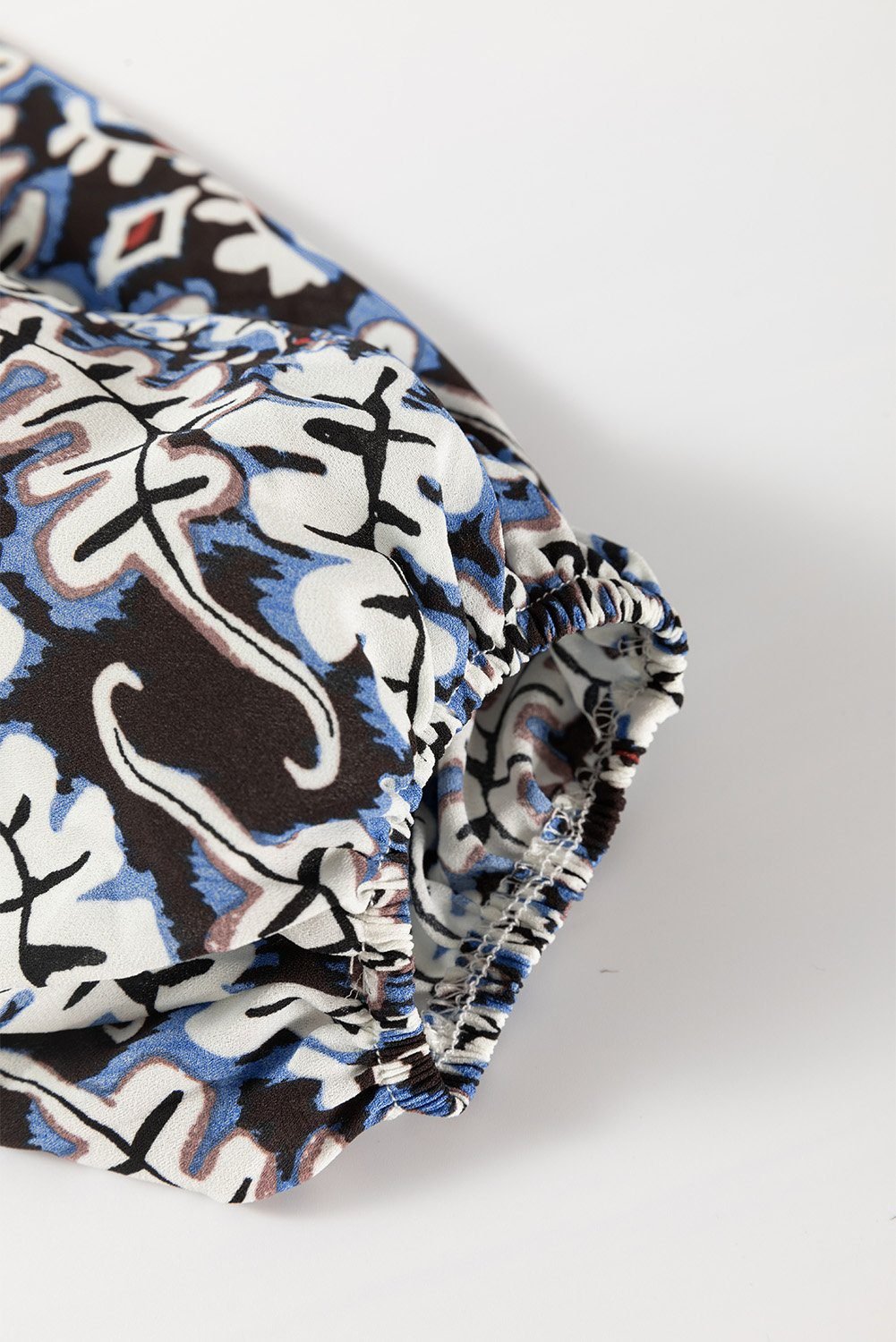 Blue Tribal Print Lace-Up Frilled Neck Puff Sleeve Blouse