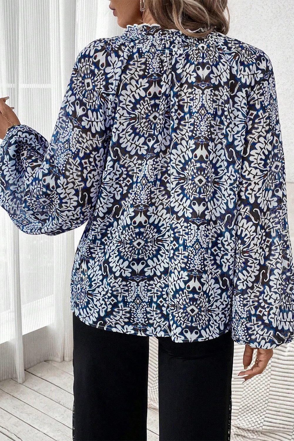 Blue Tribal Print Lace-Up Frilled Neck Puff Sleeve Blouse