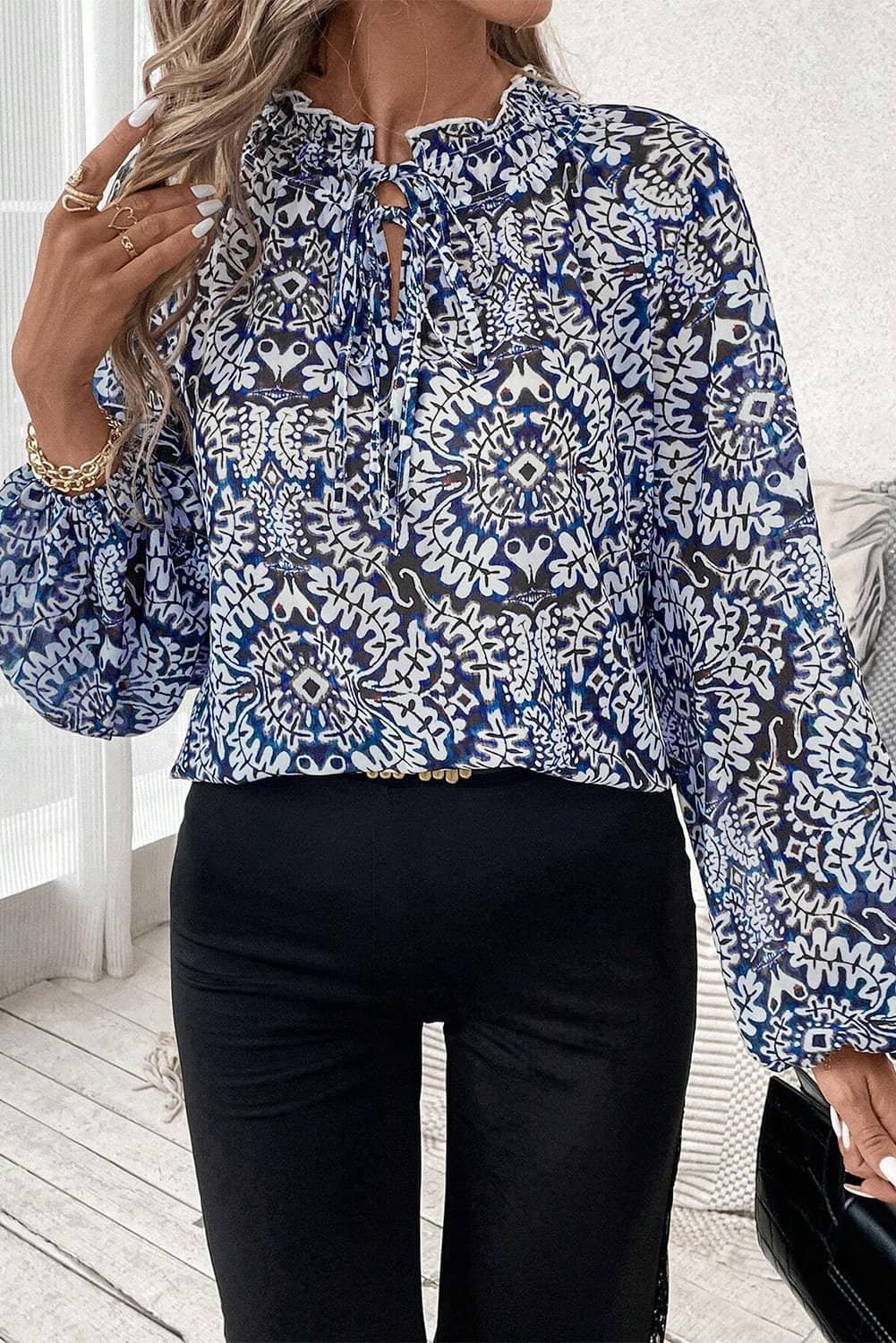 Blue Tribal Print Lace-Up Frilled Neck Puff Sleeve Blouse