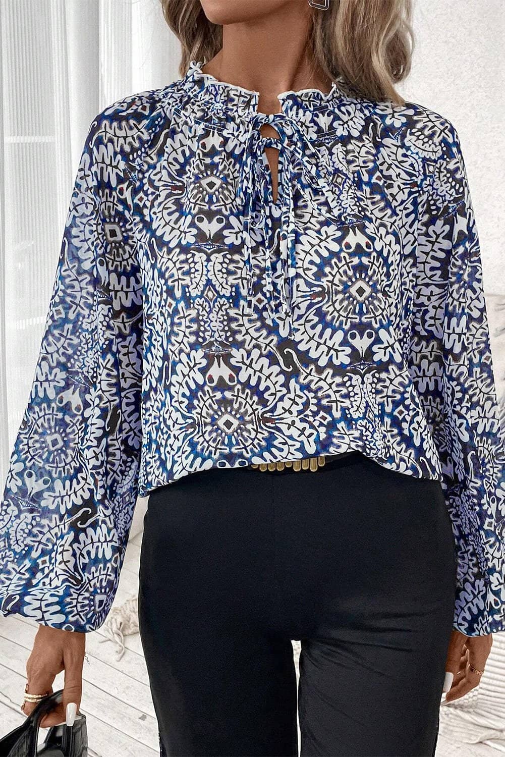 Blue Tribal Print Lace-Up Frilled Neck Puff Sleeve Blouse