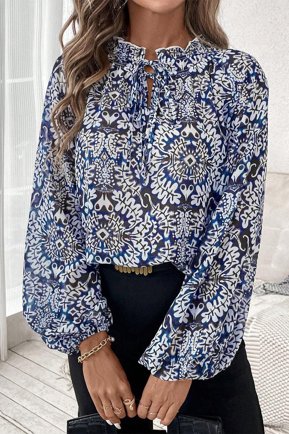 Blue Tribal Print Lace-Up Frilled Neck Puff Sleeve Blouse