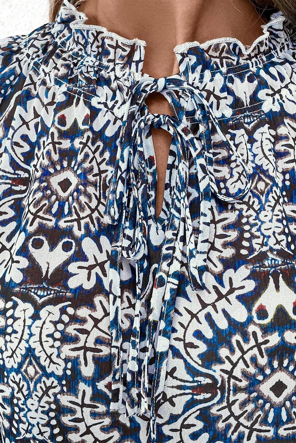 Blue Tribal Print Lace-Up Frilled Neck Puff Sleeve Blouse