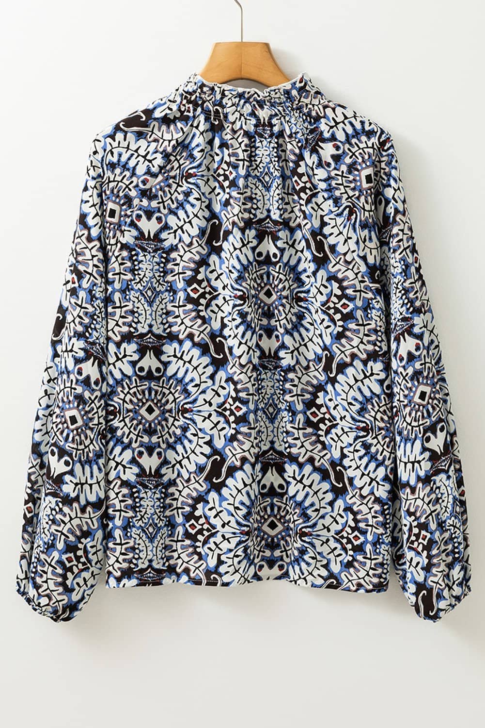 Blue Tribal Print Lace-Up Frilled Neck Puff Sleeve Blouse