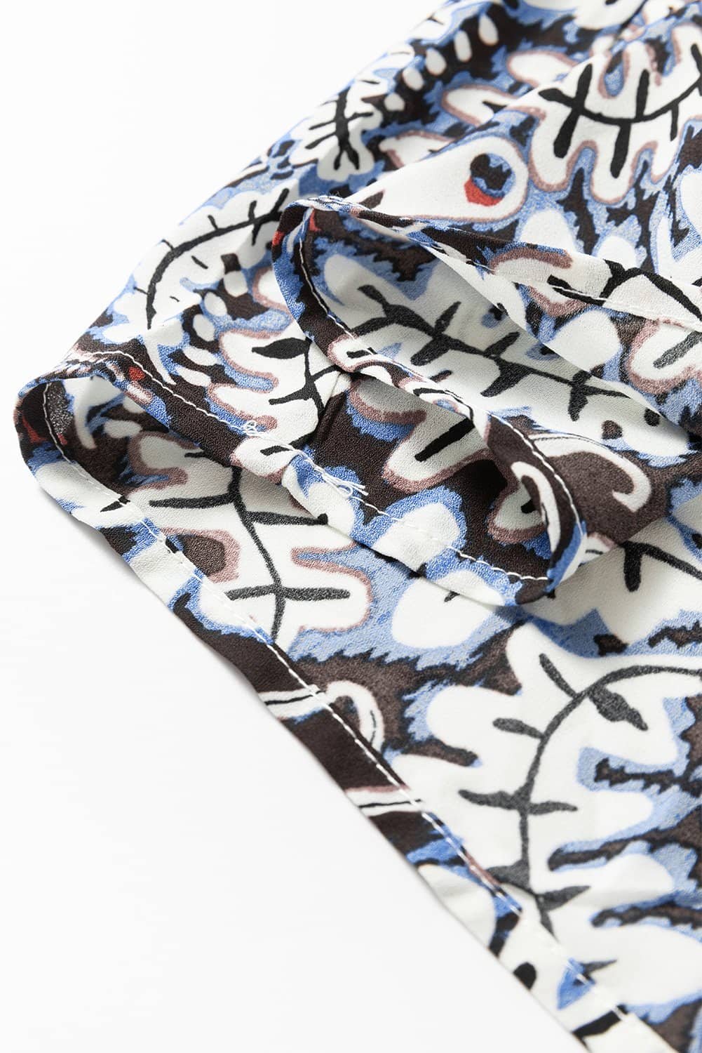 Blue Tribal Print Lace-Up Frilled Neck Puff Sleeve Blouse