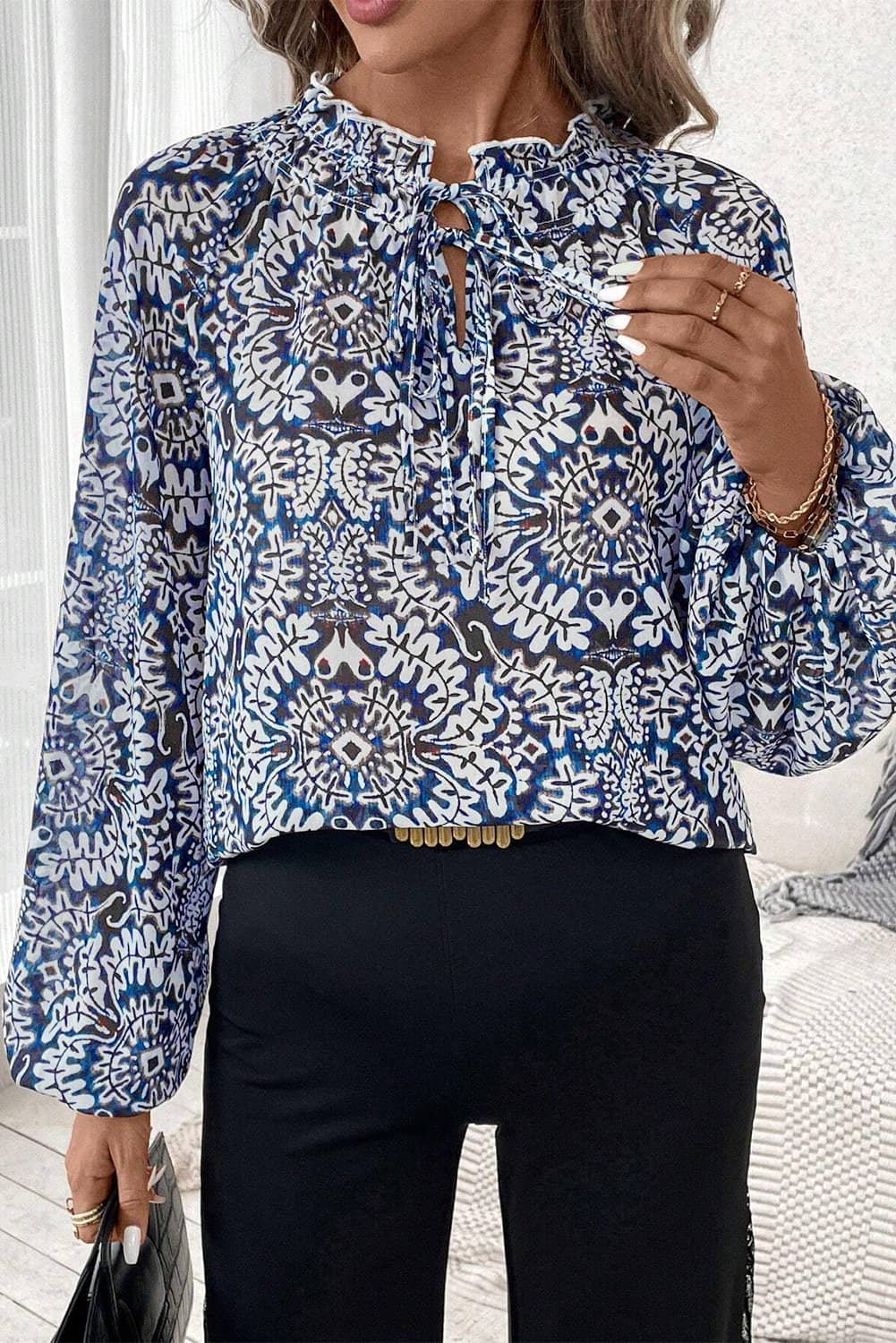 Blue Tribal Print Lace-Up Frilled Neck Puff Sleeve Blouse