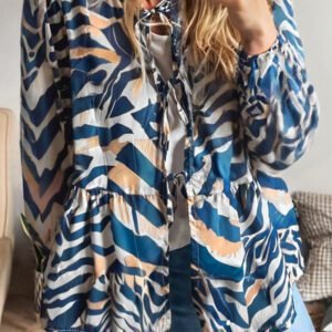 Blue Zebra Print Tied Front Puff Sleeve Top