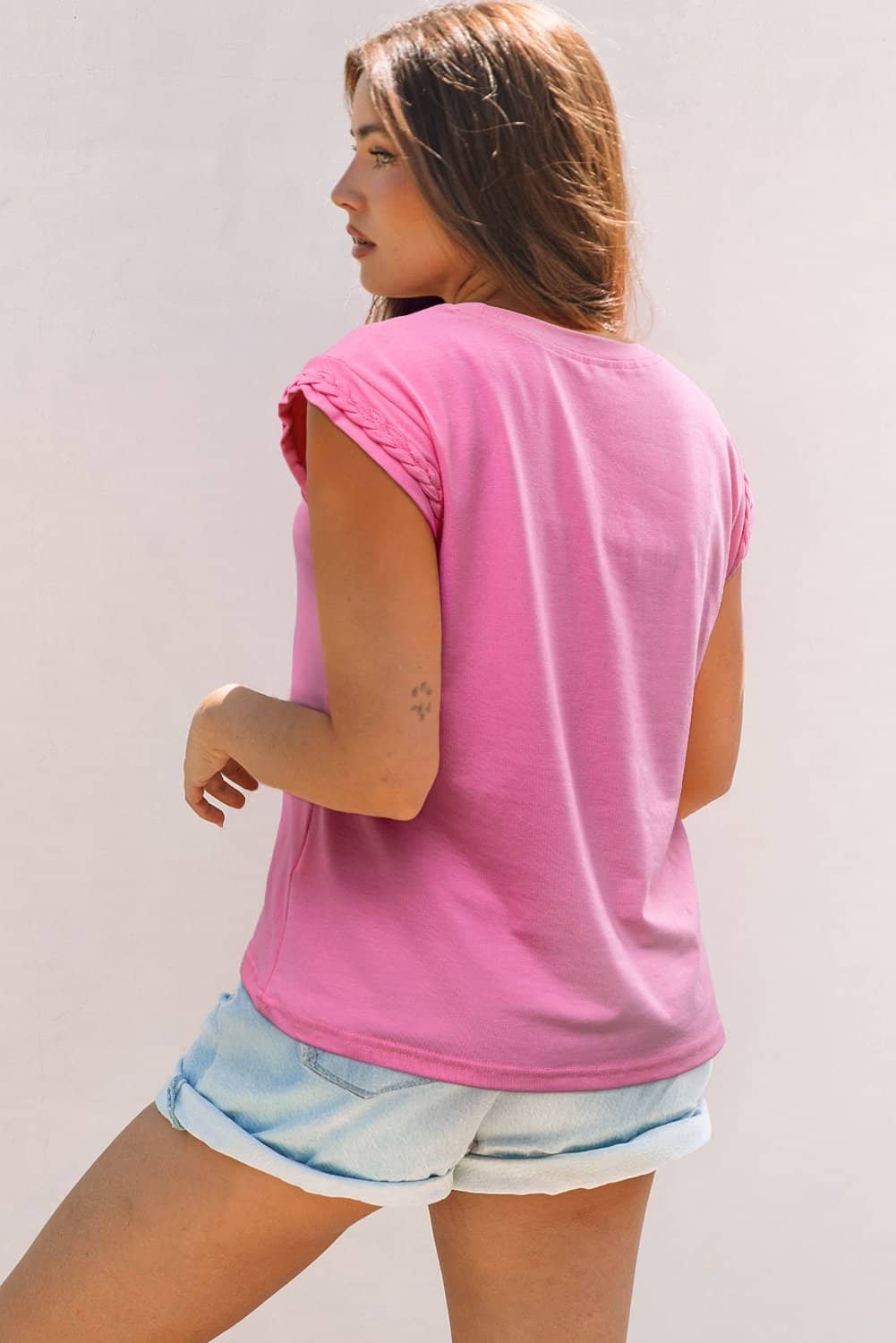 Bonbon Braided Cap Sleeve Crew Neck T Shirt