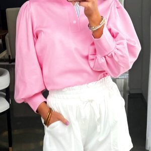 Bonbon Button Striped Collar Patchwork Puff Sleeve Sweatshirt