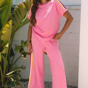 Bonbon Color Contrast Crewneck T Shirt And Wide Leg High Waist Pants Set