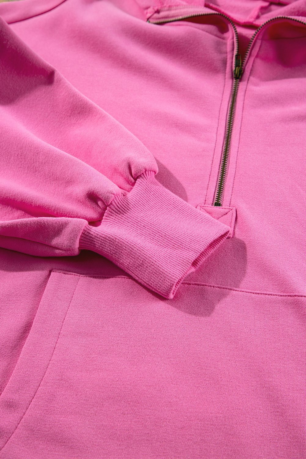 Bonbon Fleece Lined Half Zipper Kangaroo Pockets Loose Hoodie