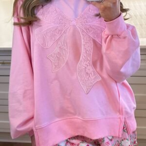 Bonbon Lace Insert Bow Embroidered Exposed Seam Sweatshirt