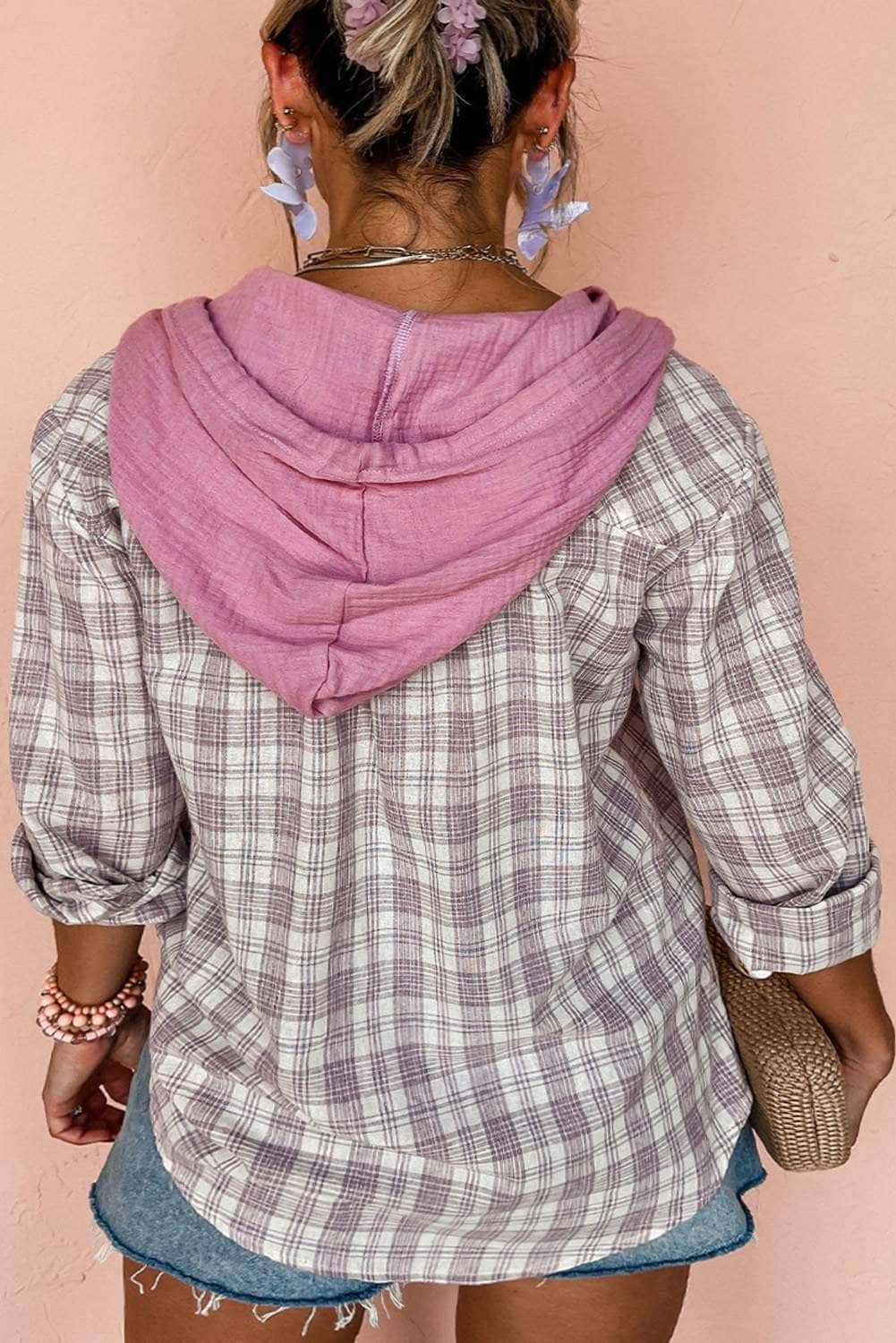 Bonbon Plaid Print Drawstring Hooded Button-Up Plus Size Shirt