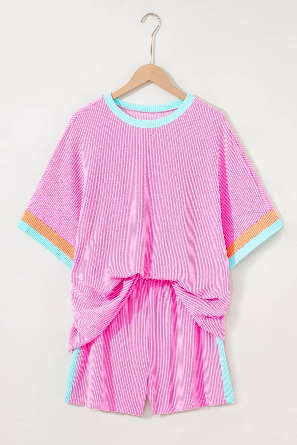Bonbon Plus Size Color Block Corded Knit Tee And Shorts Set