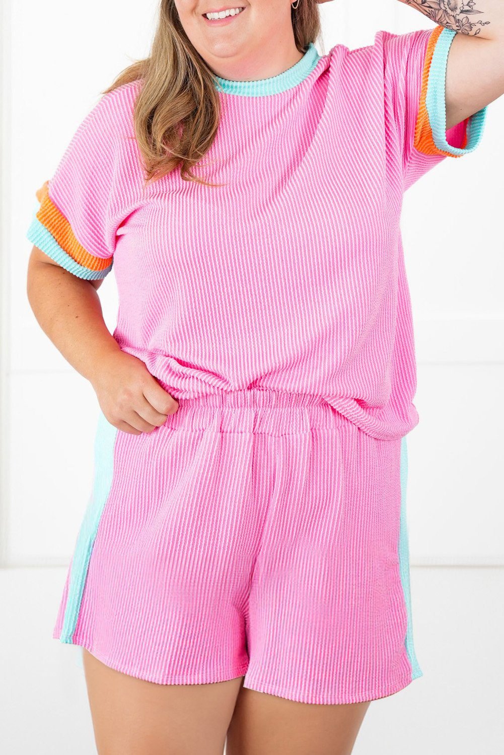 Bonbon Plus Size Color Block Corded Knit Tee And Shorts Set