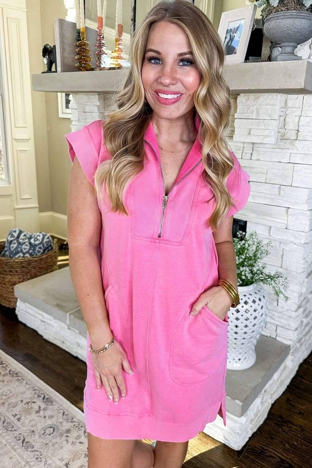 Bonbon Quarter Zip Pocketed Cap Sleeve Sweatshirt Dress