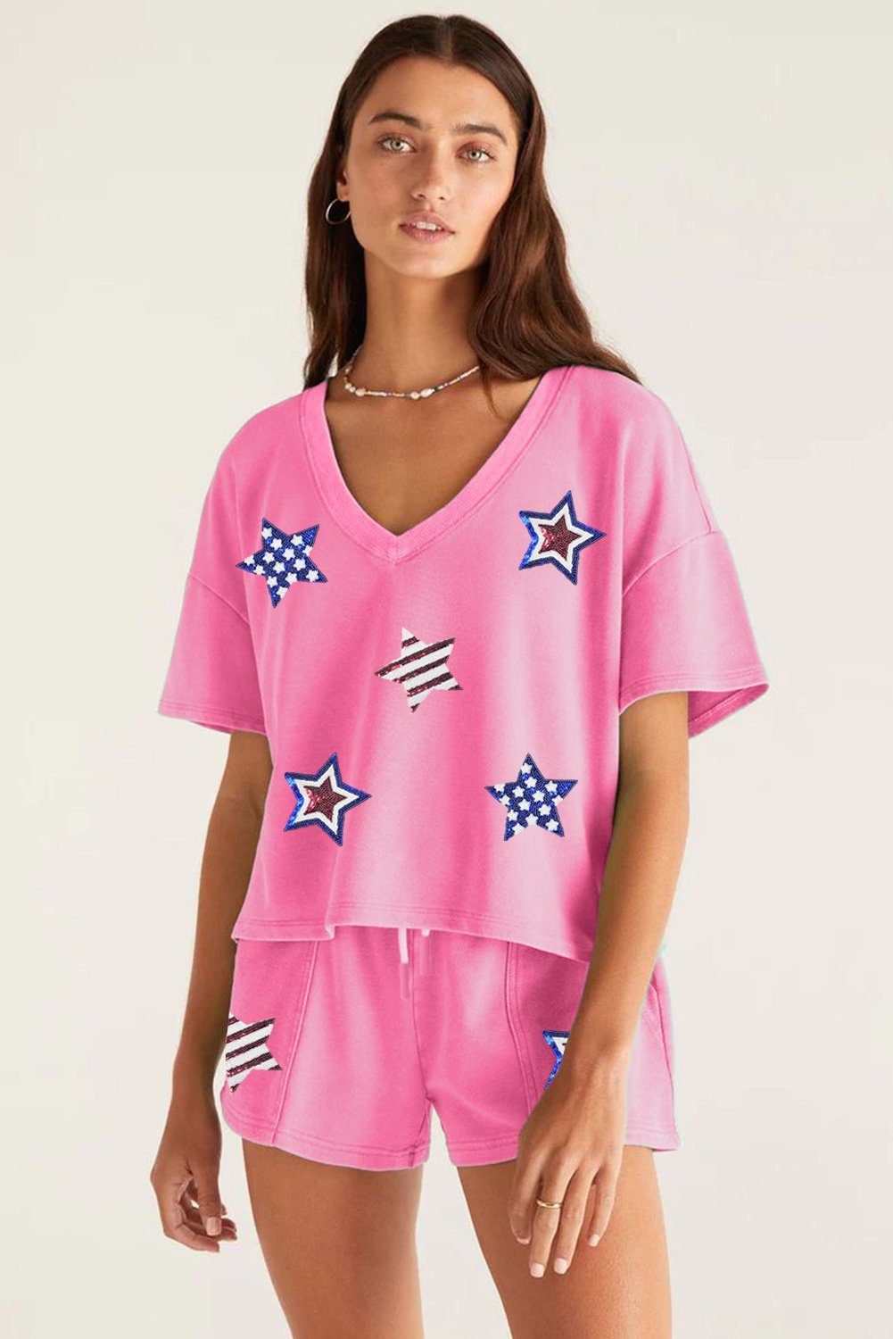 Bonbon Sequin American Flag Star Patch V Neck Tee And Short Set
