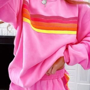 Bonbon Striped Accent Pullover And Shorts Two Piece Casual Set
