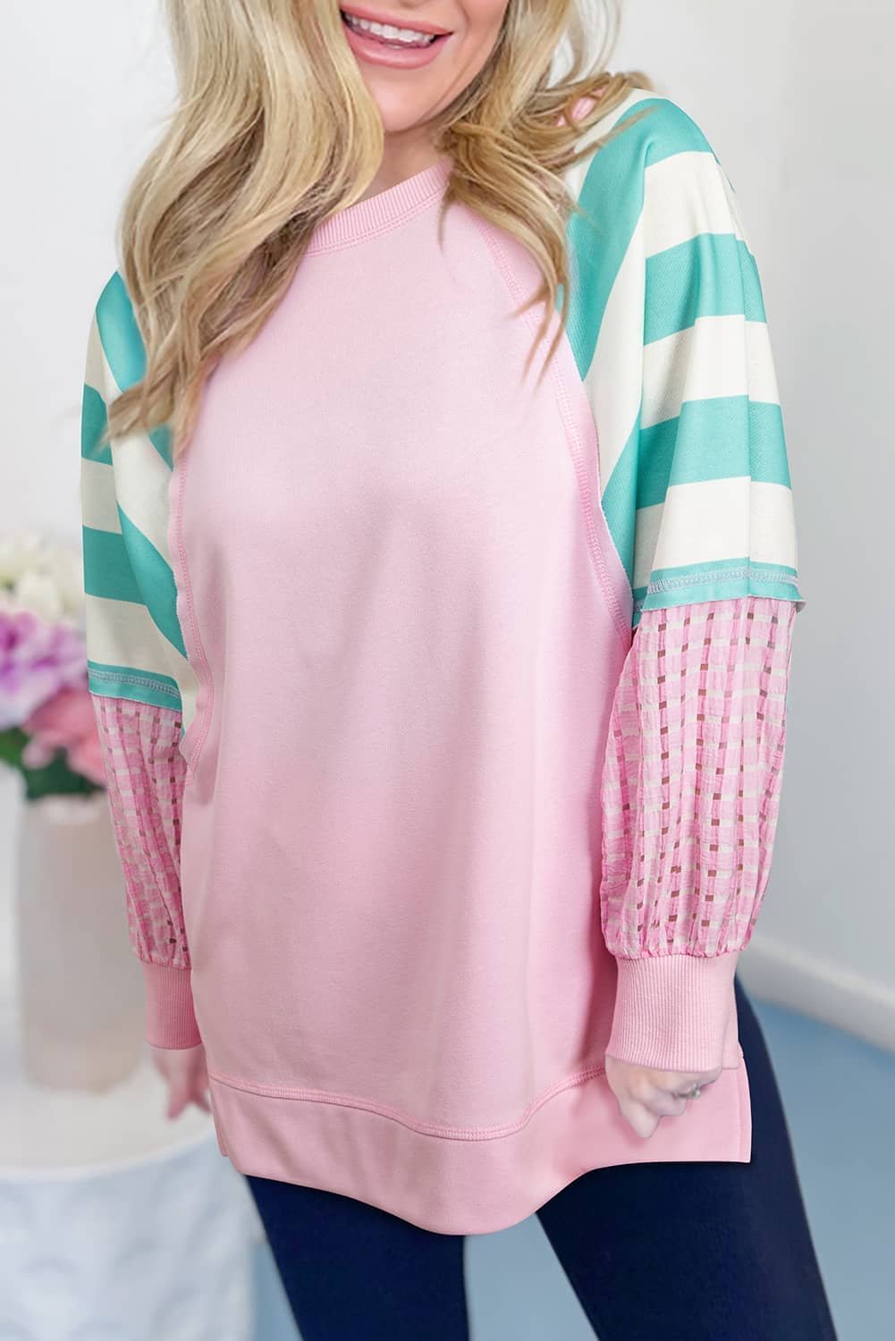 Bonbon Striped Colorblock Patchwork Raglan Pullover Top With Slits