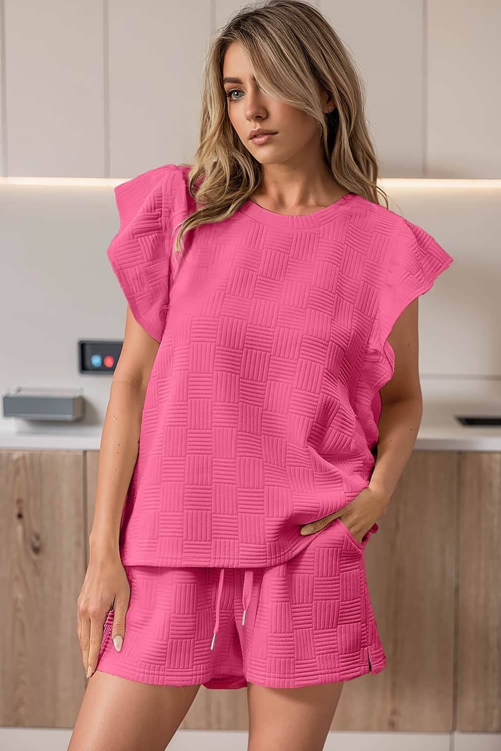 Bonbon Textured Ruffled Sleeve Tee And Drawstring Shorts Set