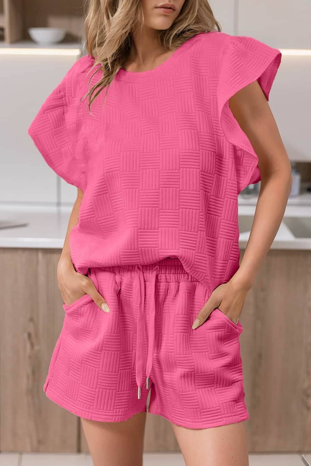 Bonbon Textured Ruffled Sleeve Tee And Drawstring Shorts Set