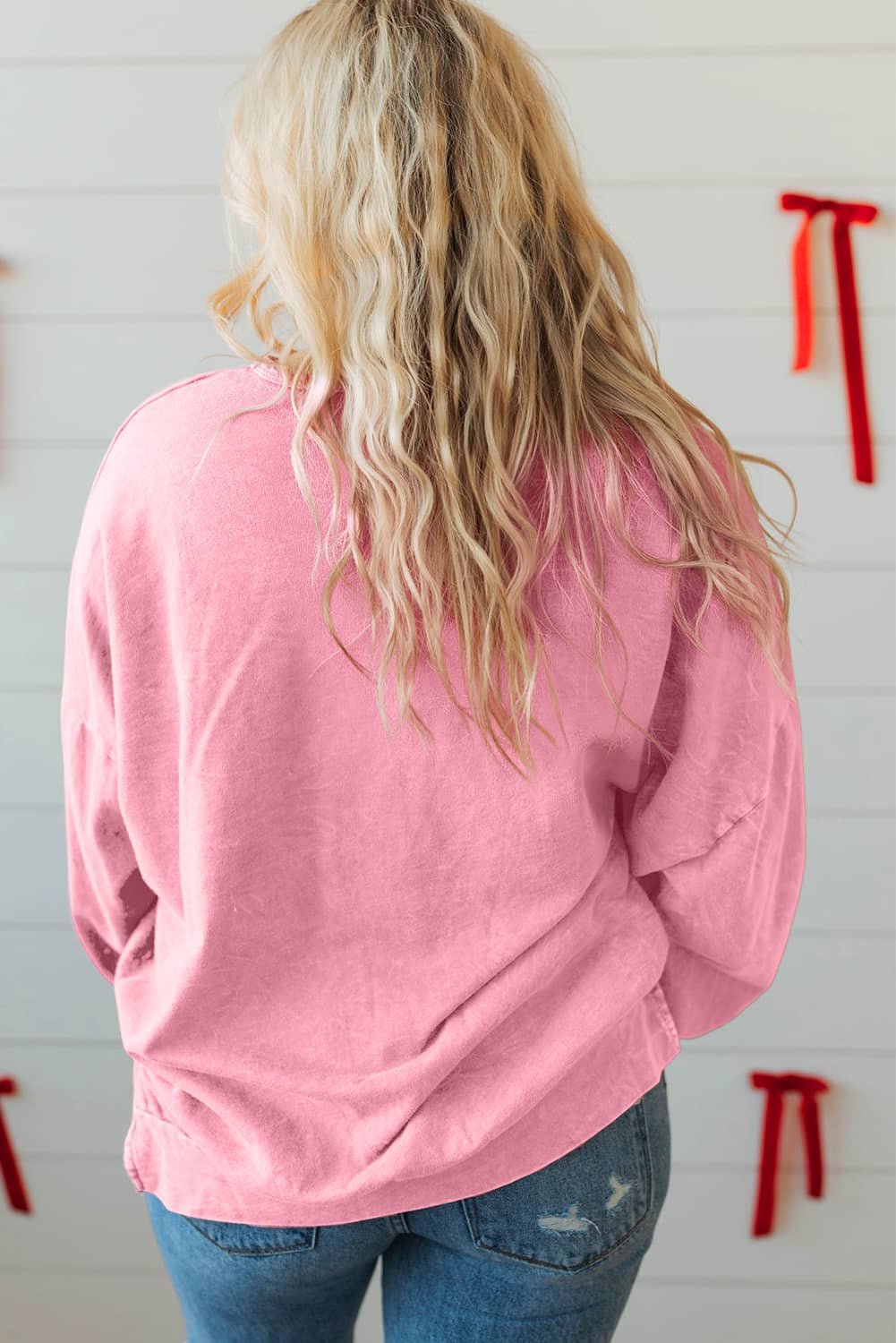 Bonbon Waffle Bowknot Patchwork Graphic Mineral Wash Plus Size Sweatshirt
